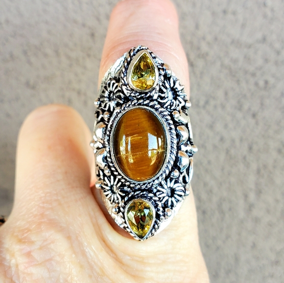 New Tiger Eye & Citrine 925 Silver Statement Ring. - Picture 3 of 6